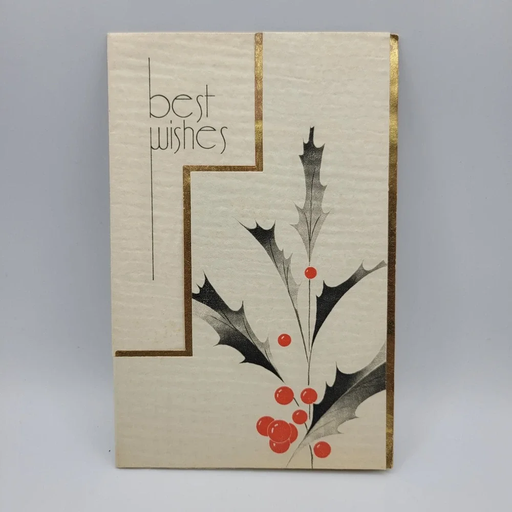 Vintage Best Wishes Christmas Card Linnea‎ & Harold Gold Foil Holly